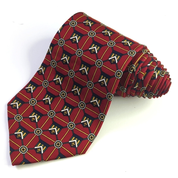 Tommy Hilfiger 90's Vintage Crest Banner Printed Italian Silk Neck Tie Red Navy - Picture 1 of 10